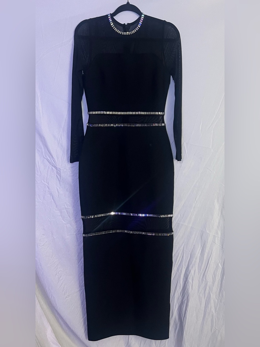 Black Long Sleeve Maxi Dress with Silver Mirror Trim L